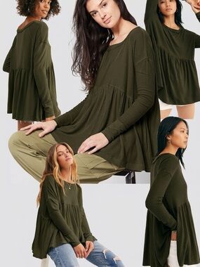 Free People Olive “Forever Your Girl” Boho Peplum Long-Sleeve Trapeze Top XL